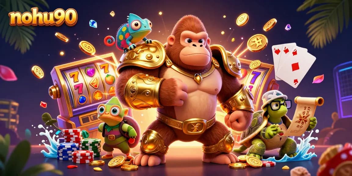 Experience thrilling slots with nohu90, where the 3D gorilla king, chameleon spy, and tortoise elder interact with exciting casino elements.