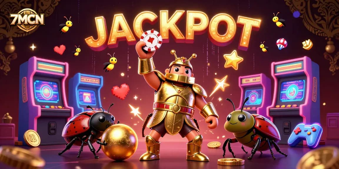 Experience excitement at 7MCN with a hercules beetle celebrating jackpot wins in a rich casino environment.