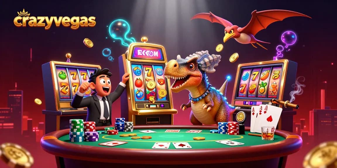 Catch winning moments at crazyvegas with a dinosaur-themed jackpot illustration in a vibrant casino scene.