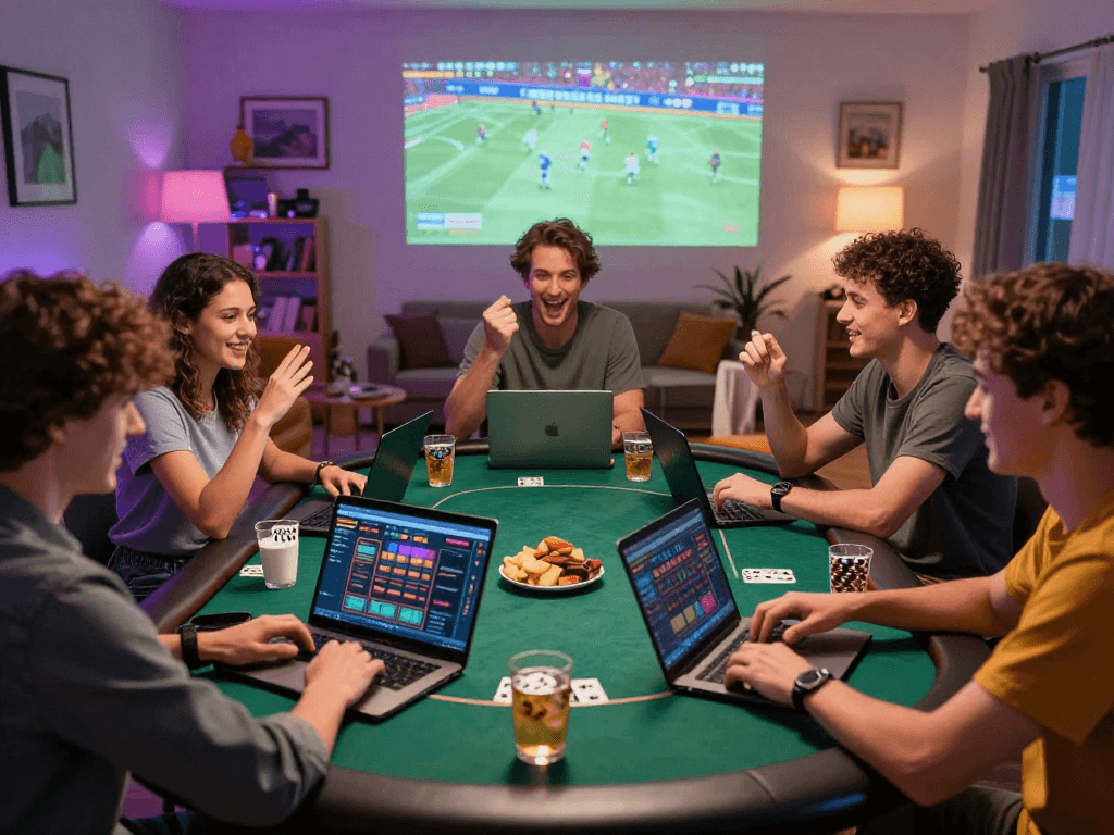 Group celebrating big win while gambling online at home with gambleonline.