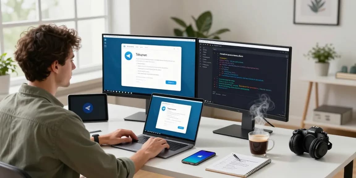 Experience seamless communication with Telegram download in a modern workspace featuring tech gadgets and an inviting atmosphere.