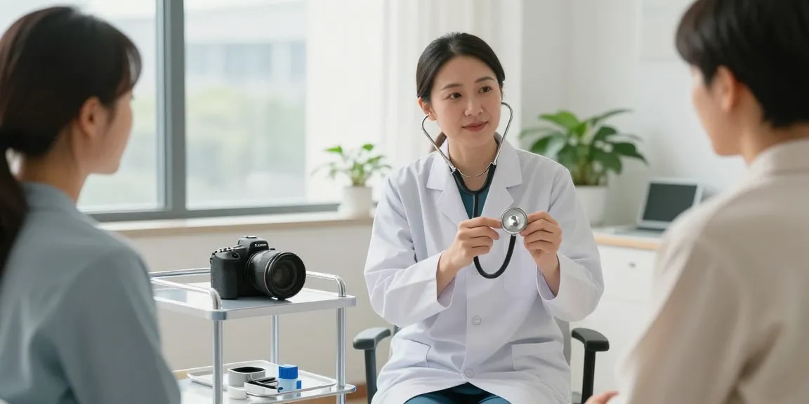 Healthcare professional using a stethoscope in Canada for patient examination.