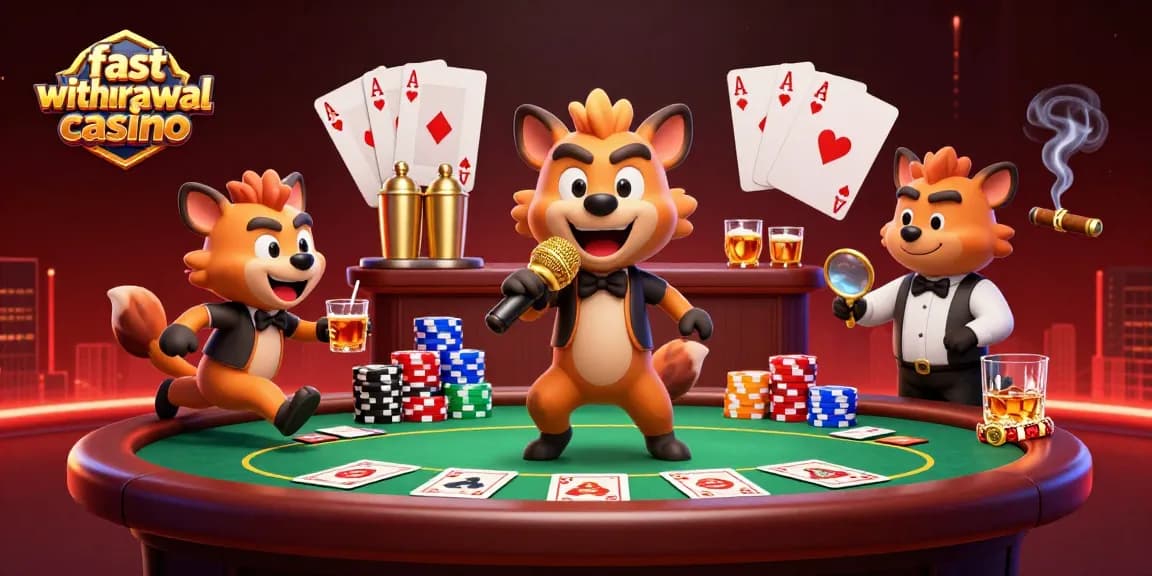 Fast withdrawal casino scene with hyenas enjoying poker and cocktails in vibrant 3D illustration