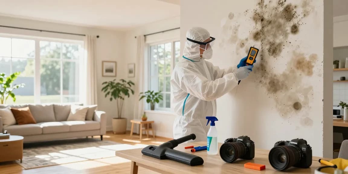 Mold Remediation North Vancouver technician inspecting mold-affected drywall with protective gear.
