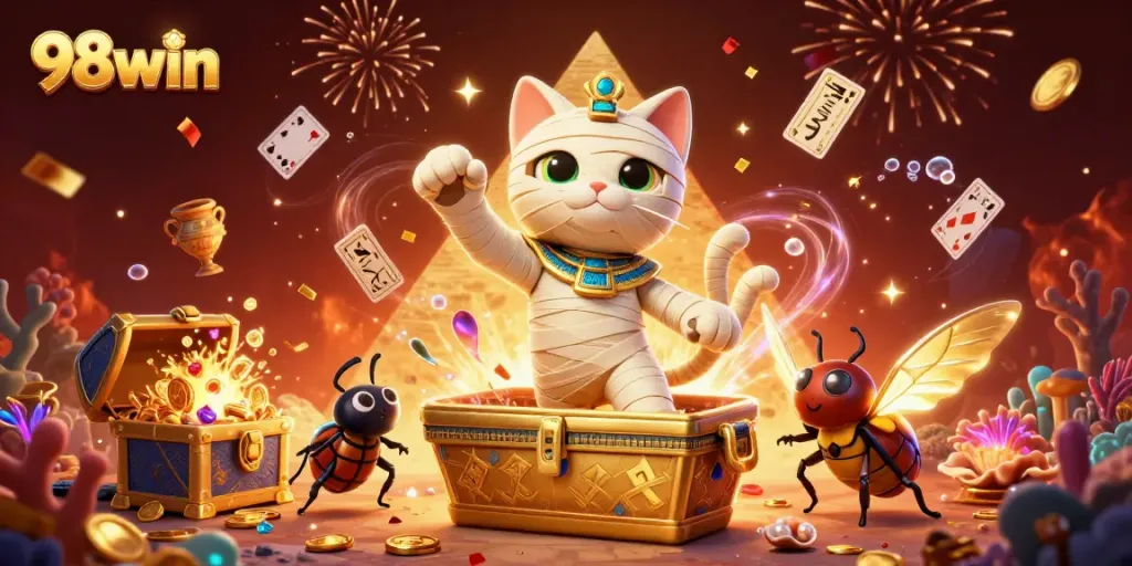 Experience thrilling wins with 98win in a vibrant 3D casino adventure featuring a mummy cat and scarab.