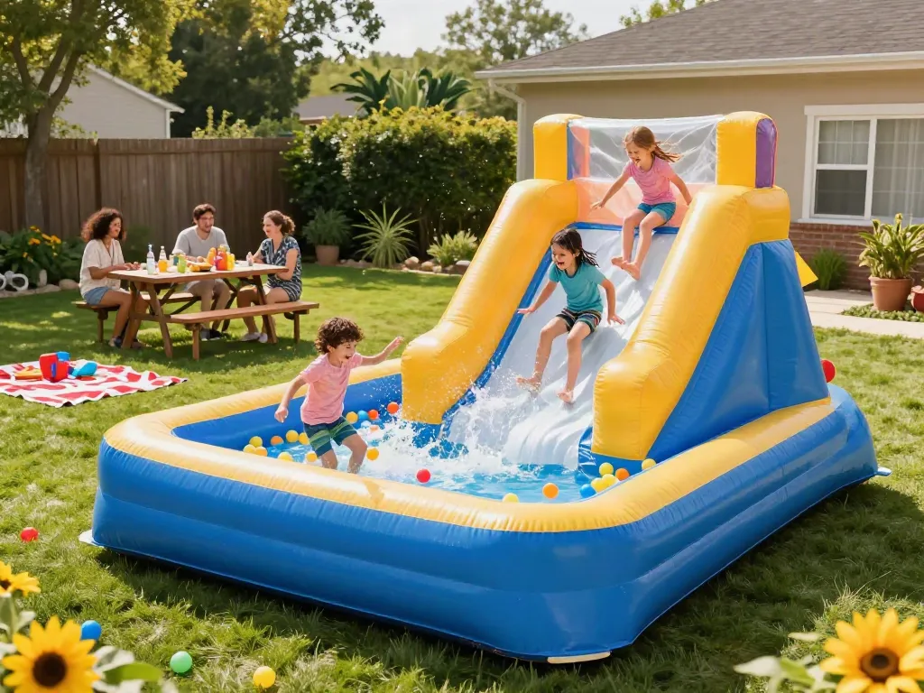Children enjoying an inflatable water slide on a sunny day, capturing summer fun.