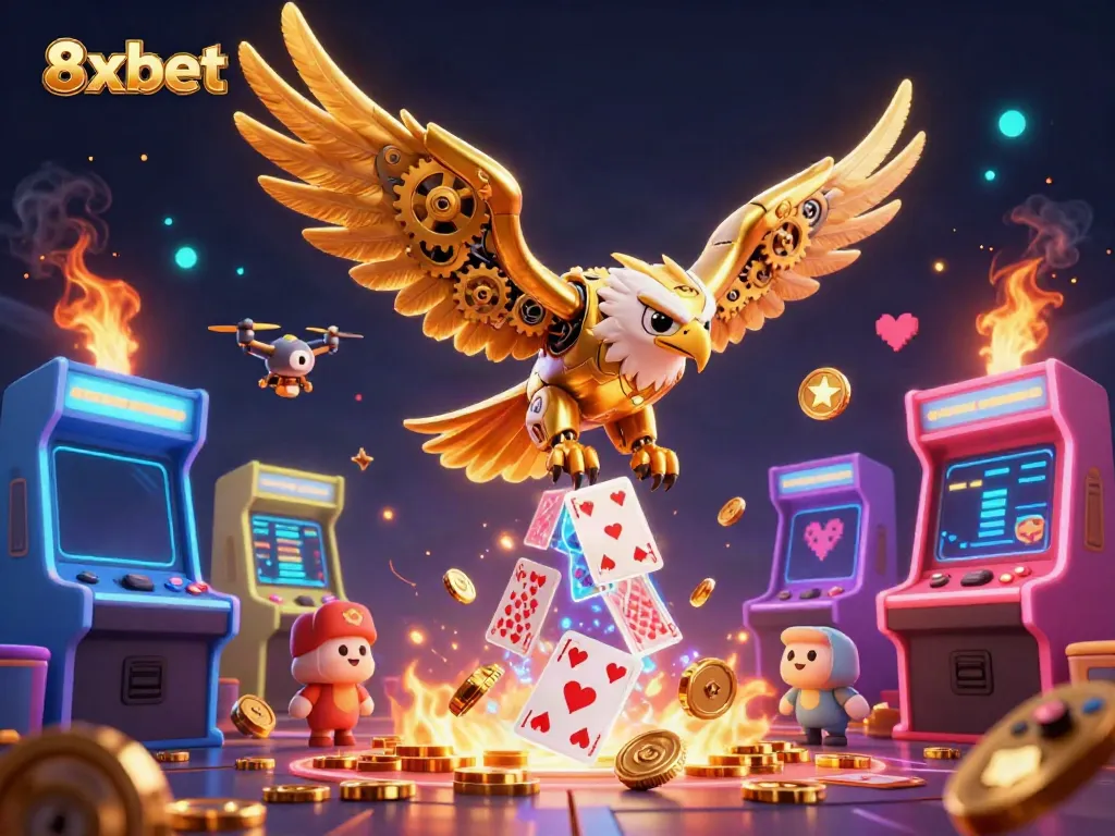 Experience thrilling 8xbet gaming with a vibrant 3D eagle diving through holographic cards.