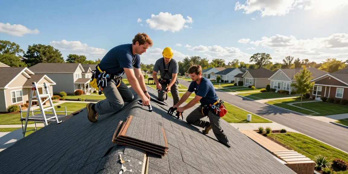 Roofing contractors installing new shingles on a residential home, showcasing expert craftsmanship.