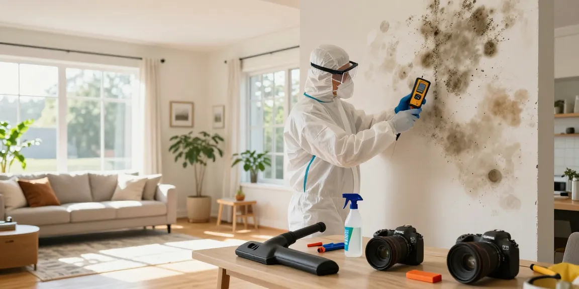 Mold Remediation North Vancouver technician inspecting mold-affected drywall with protective gear.