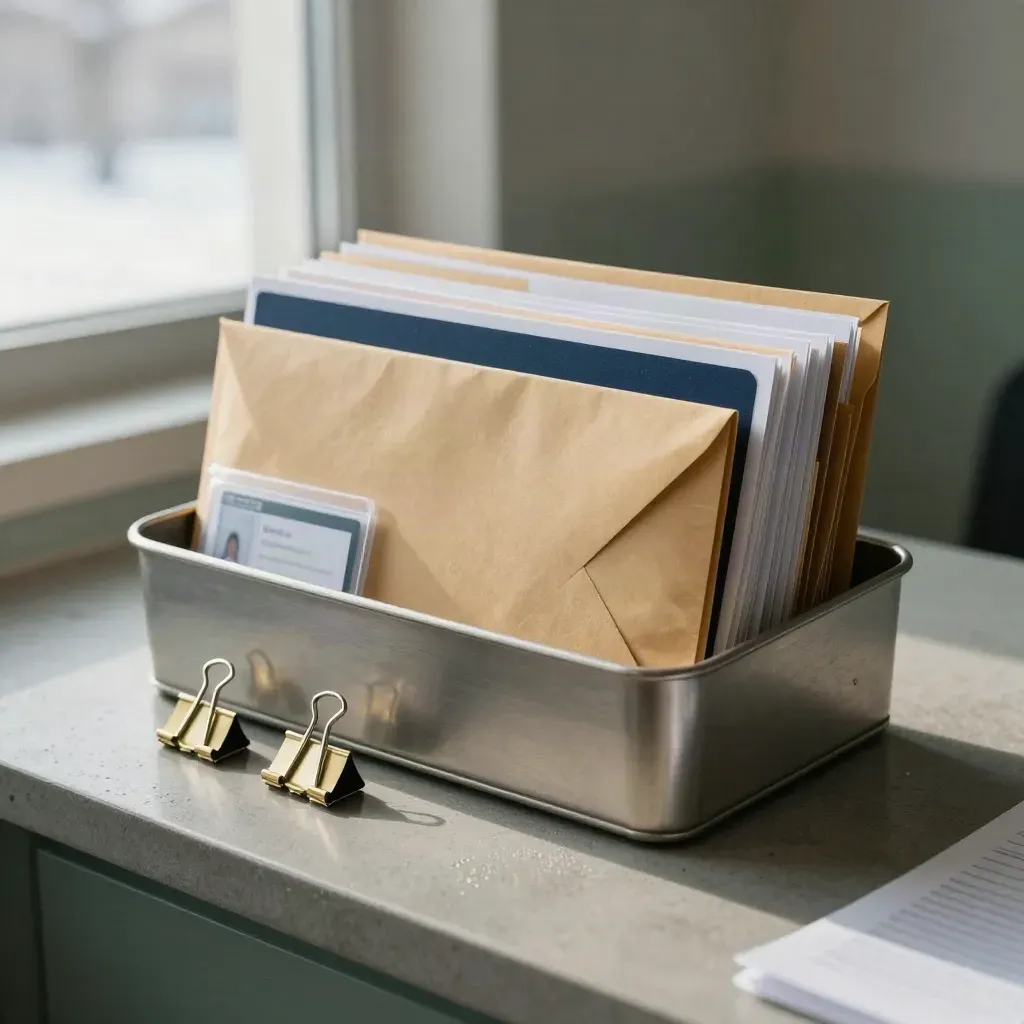 Benefits enrolment folders in a brushed-aluminum tray with envelopes and ID sleeves at winter dawn.