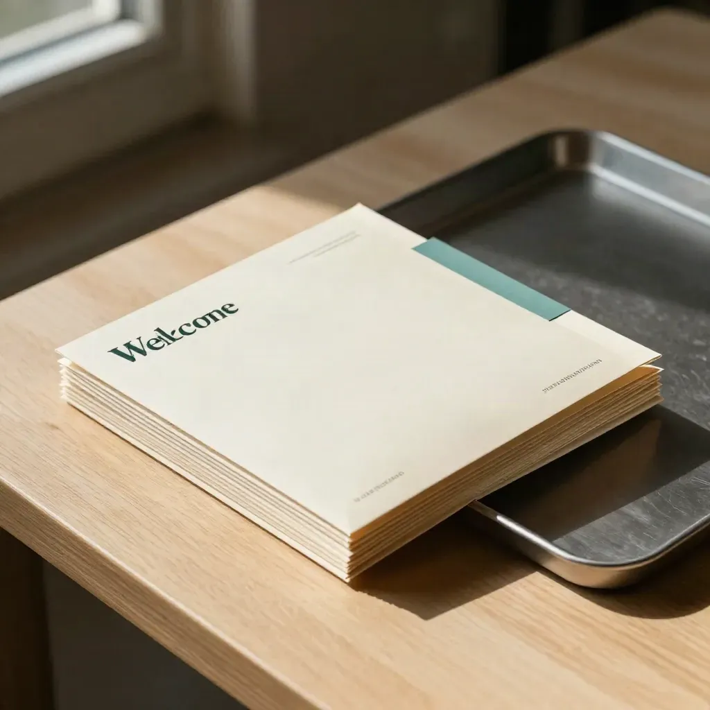 Benefits enrollment packet stack, metal tray, and plan inserts on pale wood under upper-left light.