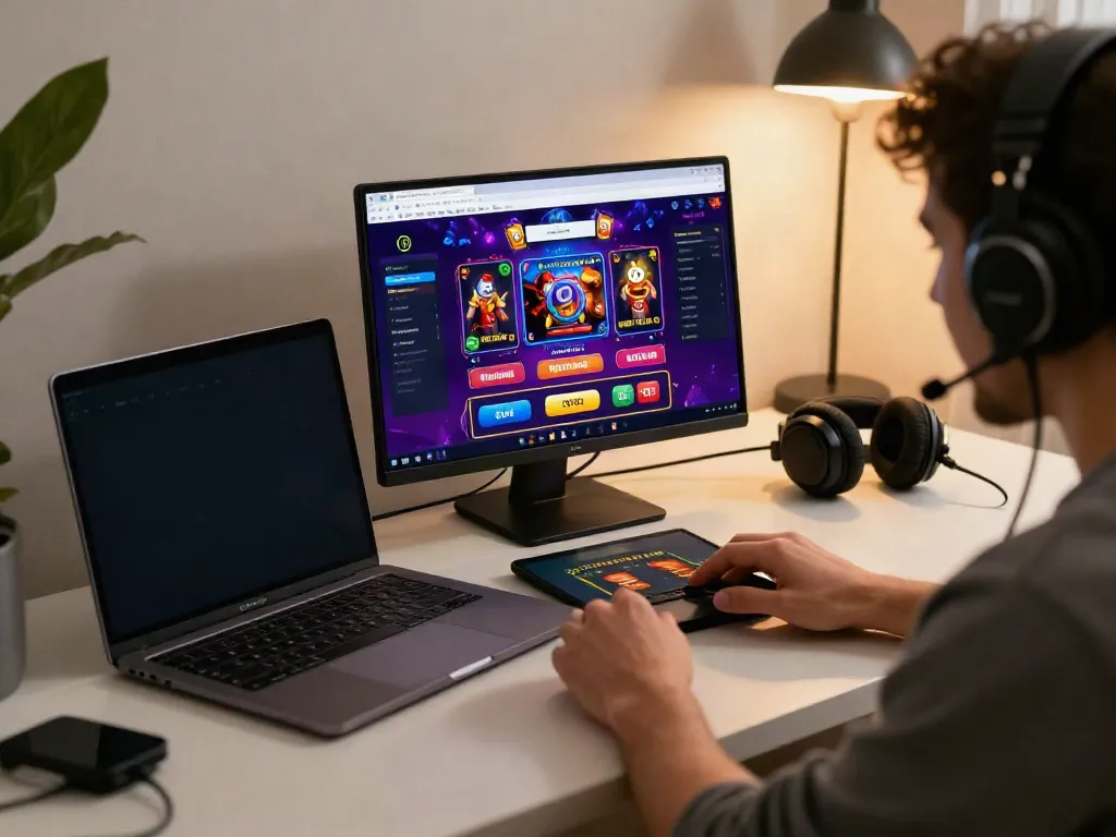 Player engaging with a Crypto Casino Canada Fast Withdrawls setup on sleek desk with vibrant graphics.
