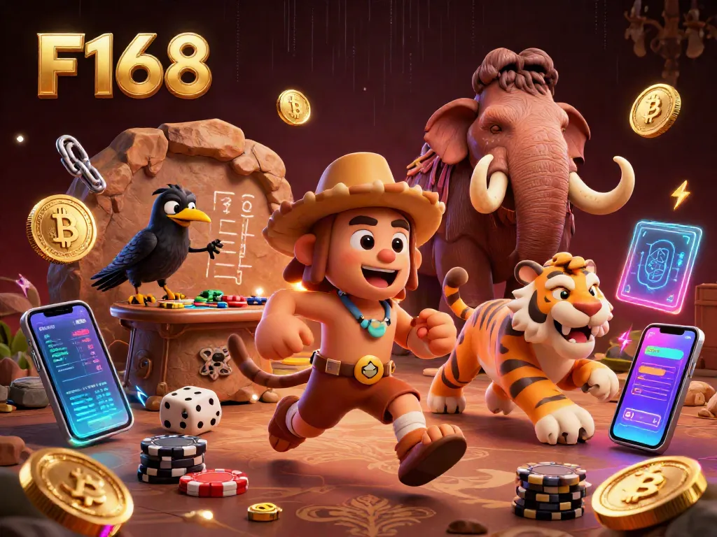 Engage with F168's vibrant, energetic casino scene featuring prehistoric characters and crypto elements.