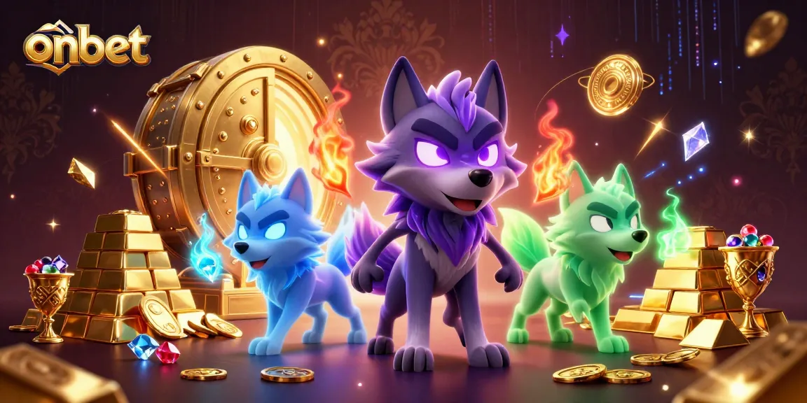 Join the action at onbet with a dynamic illustration featuring glowing wolf leaders amidst treasure.