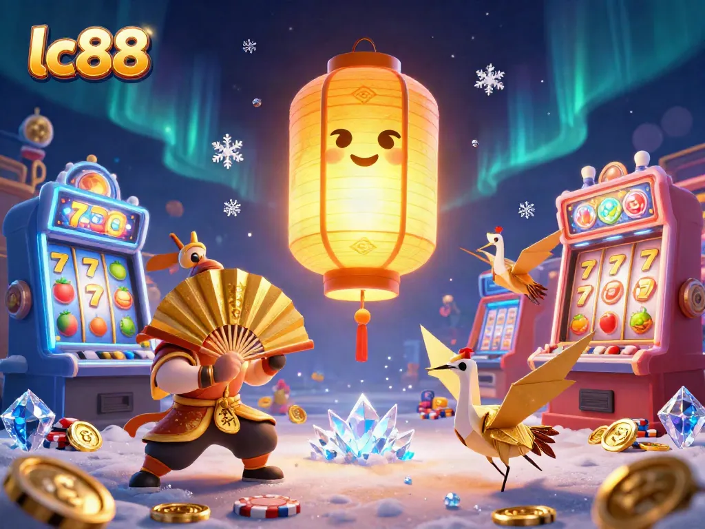 Engage in lc88 excitement with a lantern spirit and vibrant slot machines in a dynamic casino scene