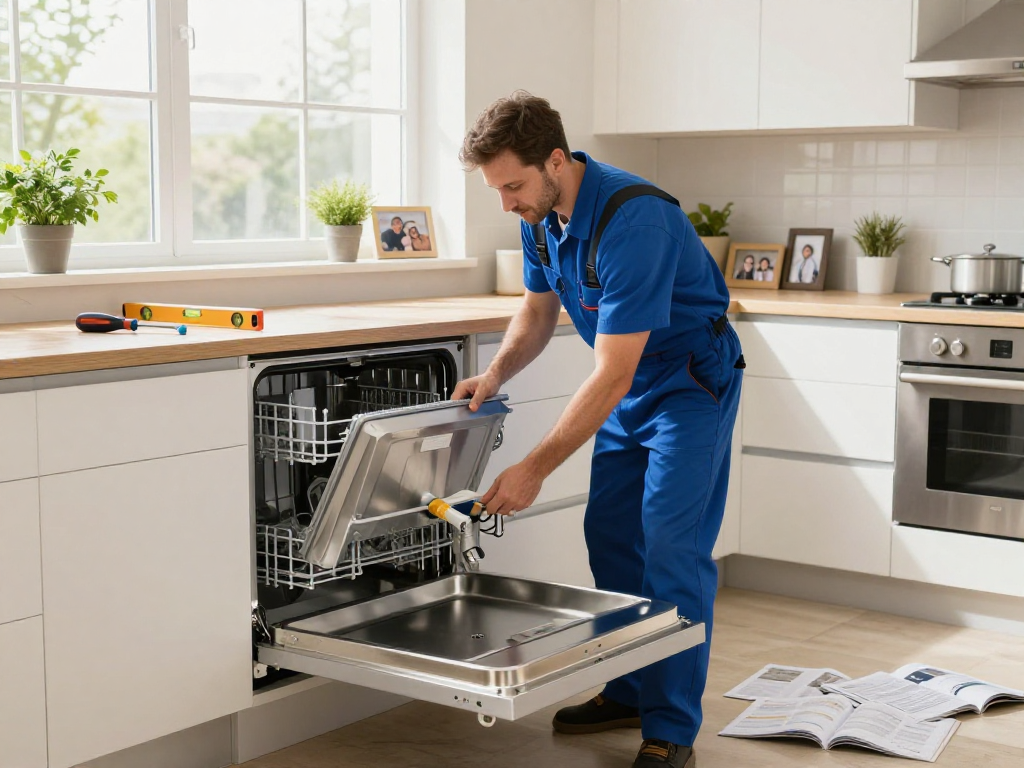 Appliance Installation in Richmond Hill showcased by technician installing a dishwasher in a modern kitchen