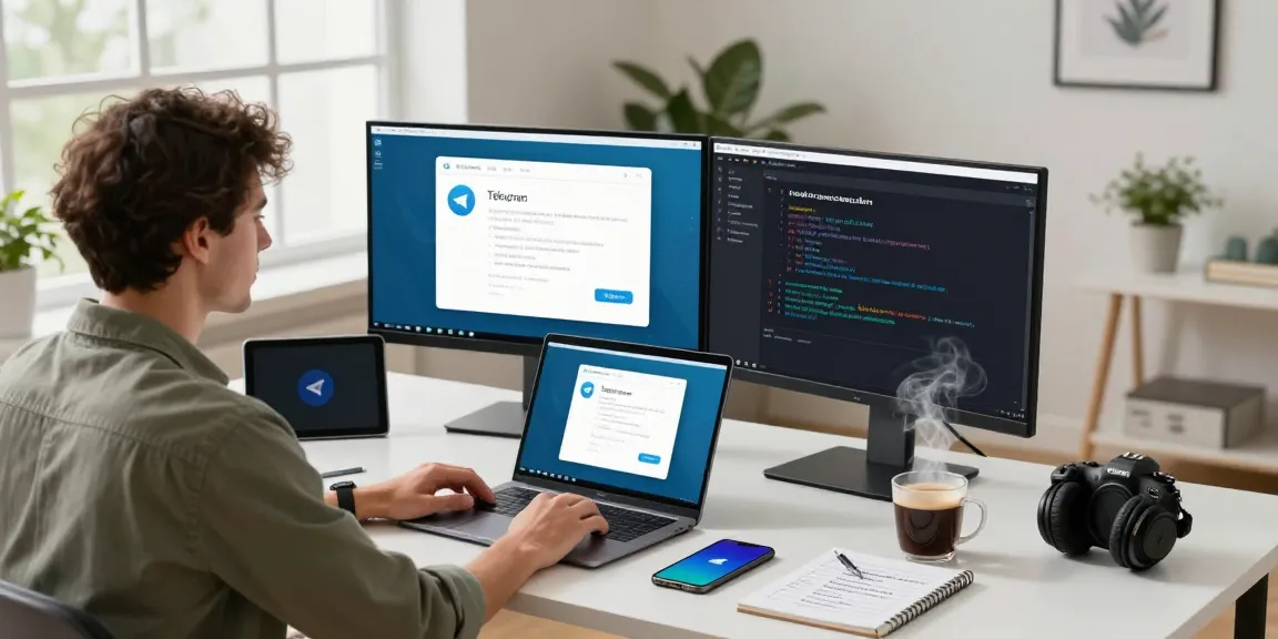 Experience seamless communication with Telegram download in a modern workspace featuring tech gadgets and an inviting atmosphere.