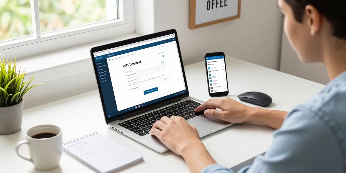 WPS Download installation on laptop in a modern home office setting, showcasing productivity.
