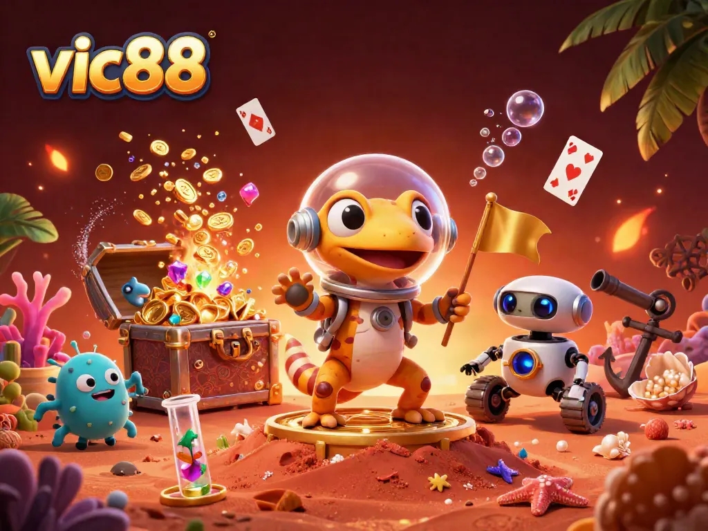 Experience big wins at vic88 with the Martian gecko exploring a vibrant alien casino.