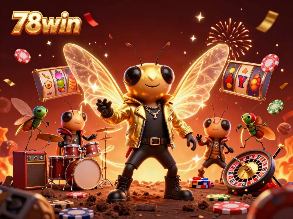 Experience thrilling gameplay at 78win with a vibrant casino scene featuring animated characters and slot symbol elements.